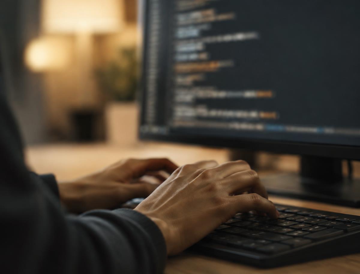 Engineer typing on a keyboard in front of a monitor with code